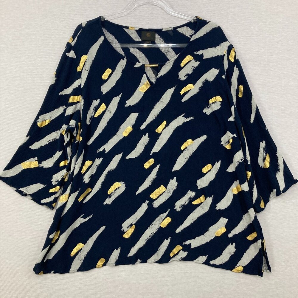 JM‎ Collection Size XXL Navy Gold Key Hole 3/4 Sleeve Stretch Relaxed Top